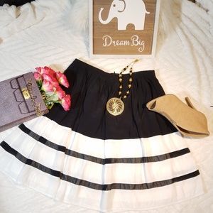 NICOLE Striped Pleated Black & White Midi Skirt